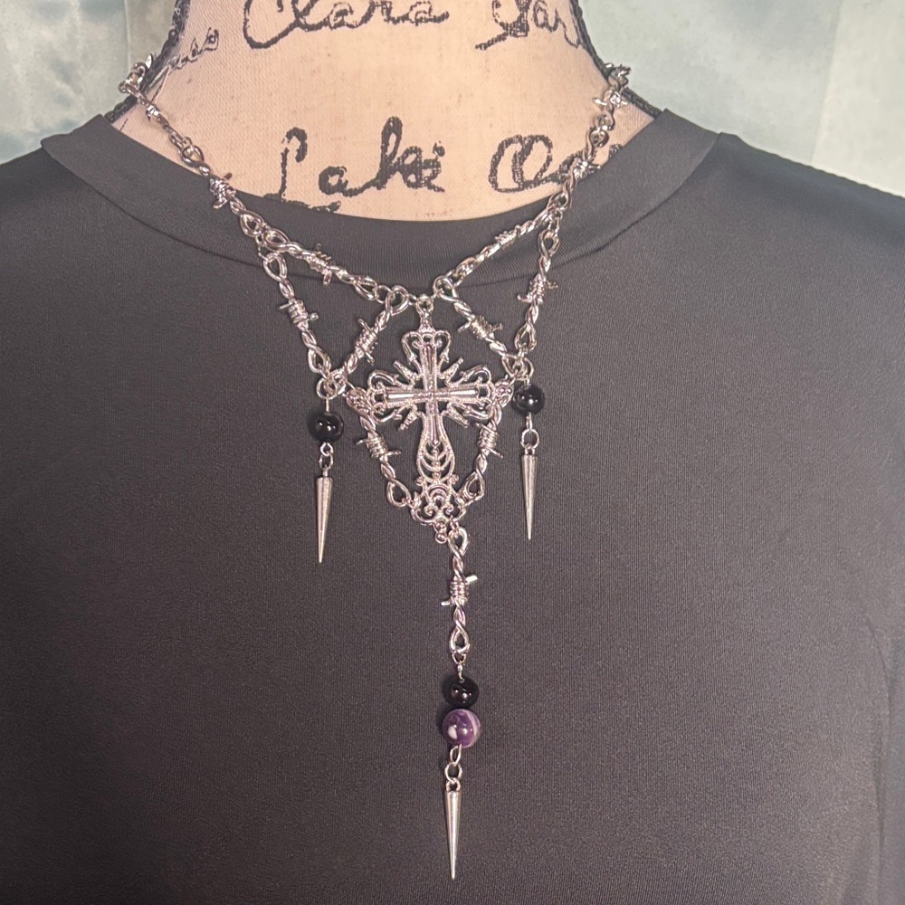 Handmade Gothic Cross Statement Necklace | Onyx & Amethyst | Dark Romantic